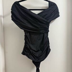 Abercrombie & Fitch Ruched wrapped black off shoulder body suit